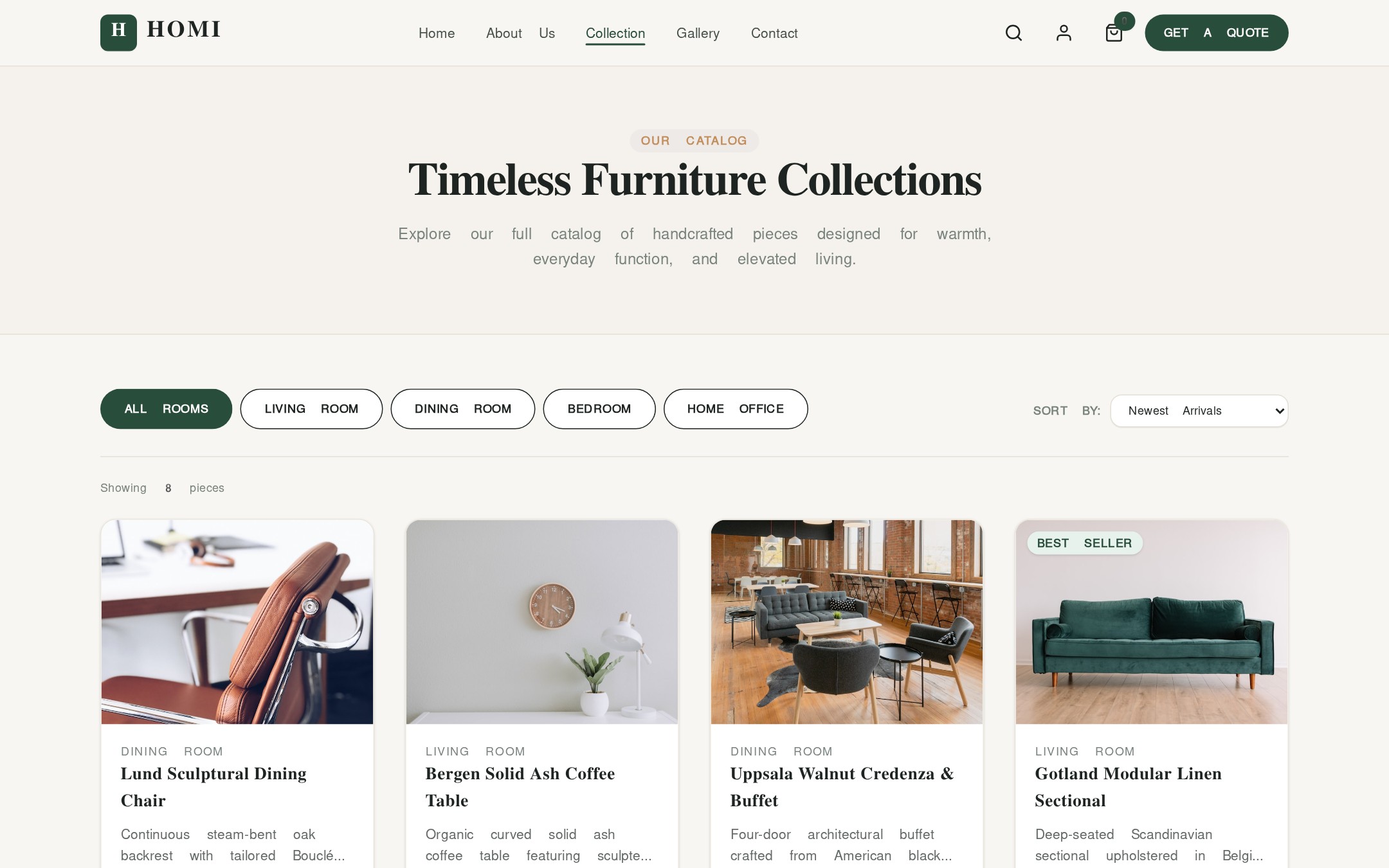 HOMI — E-Commerce & Showroom Engine — Furniture Collections & Filter Grid